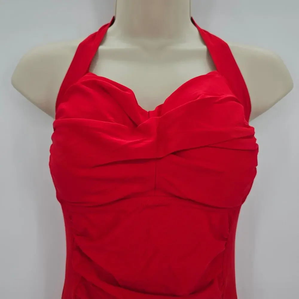 Tempt Me Womans size L Retro Halter Boyleg Ruched One Piece Swimsuit Red NWOT